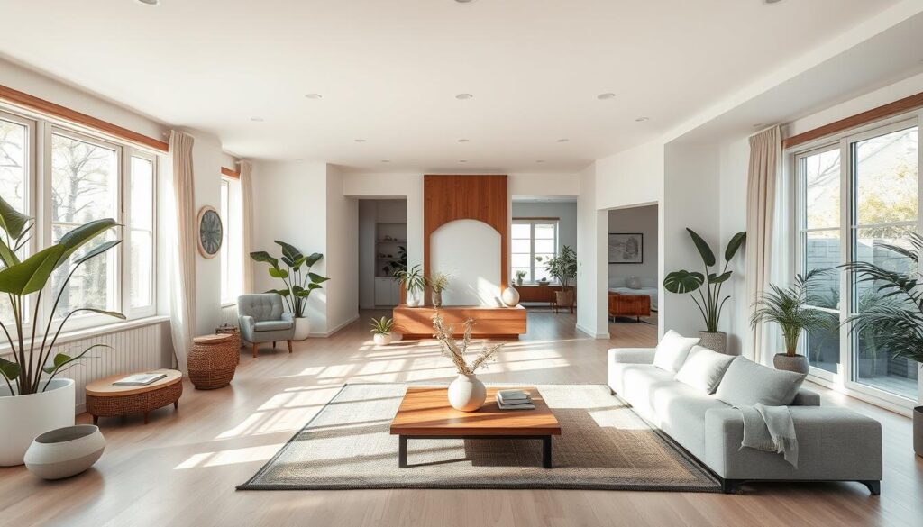 Peaceful Zen home interior with natural light, plants, and minimalist design