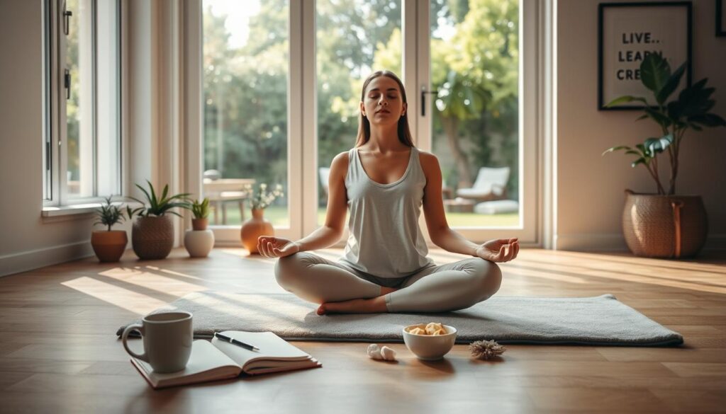 Peaceful morning meditation session with self-compassion exercises. Soft natural lighting filters through large windows, casting a warm glow. In the foreground, a person sits cross-legged on a plush yoga mat, eyes closed, hands resting gently on their lap. Surrounding them are various self-care items - a journal, a mug of tea, a small bowl of crystals. The middle ground features a serene, minimalist home environment, with potted plants and Live.Learn.Create artwork on the walls. The background blurs into a tranquil garden with lush greenery, inviting the viewer to find stillness and inner peace.