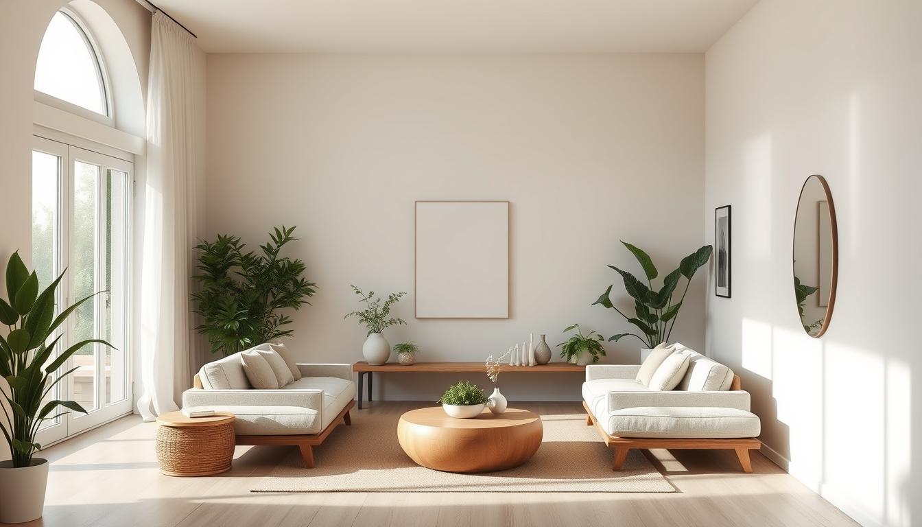 Peaceful zen home living room with natural light and minimal decor