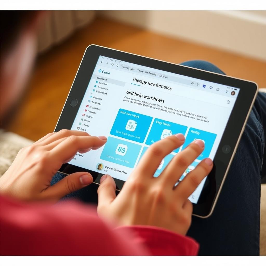 Person accessing online therapy resources on tablet