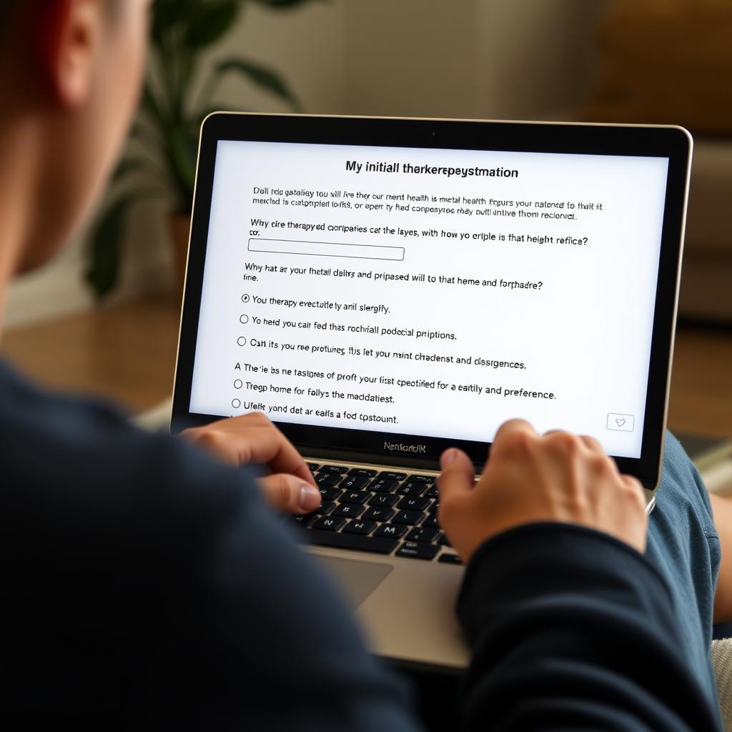 Person completing online therapy questionnaire on laptop