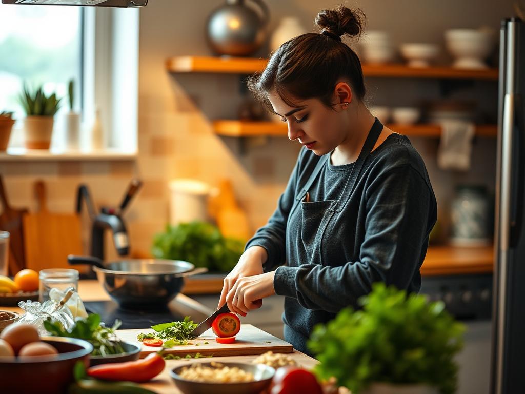 Person cooking a healthy meal at home, showing cooking as one of the mindful hobbies for mental health
