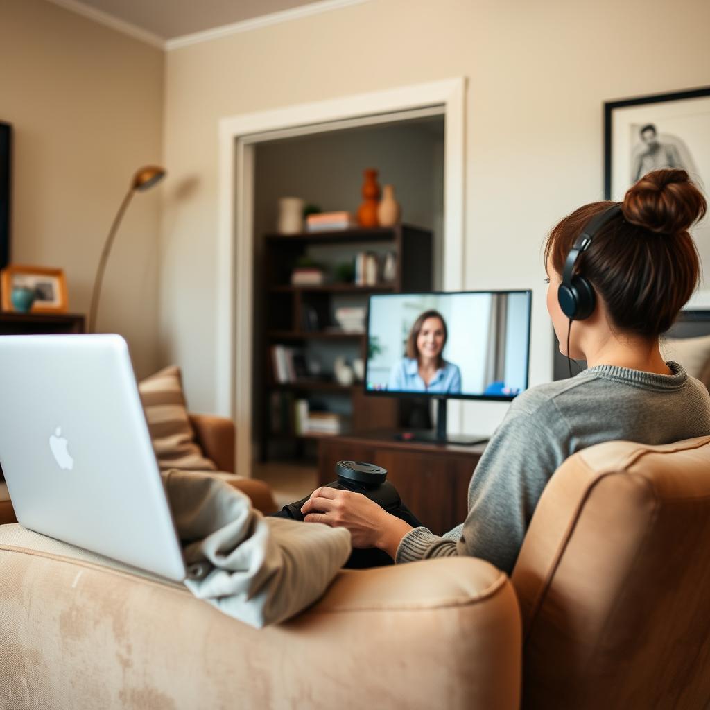 Person having video therapy session from comfortable home environment