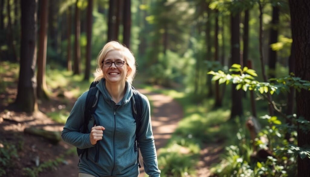 Person hiking on a forest trail, showing how nature-based hobbies for mental health can reduce stress