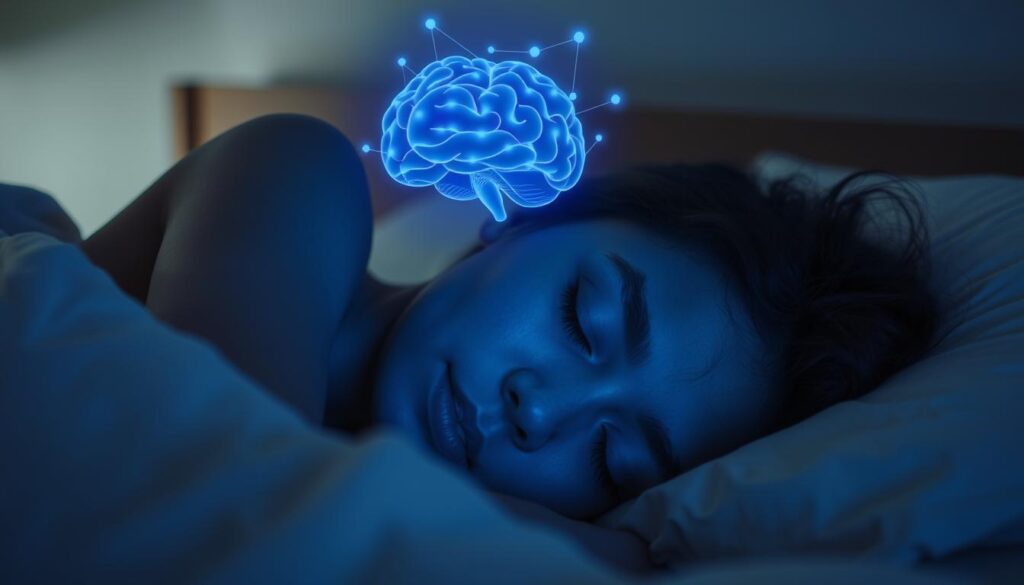 Person in peaceful sleep with brain activity visualization for holistic brain health