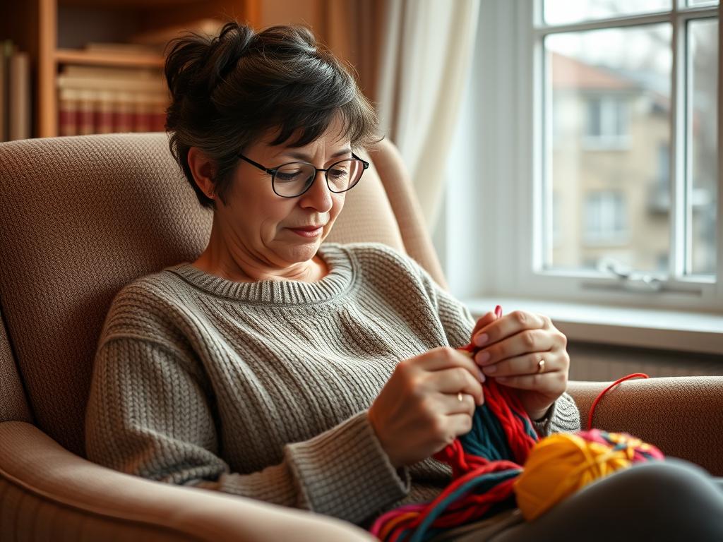 Person knitting with colorful yarn, demonstrating crafting as one of the hobbies for mental health
