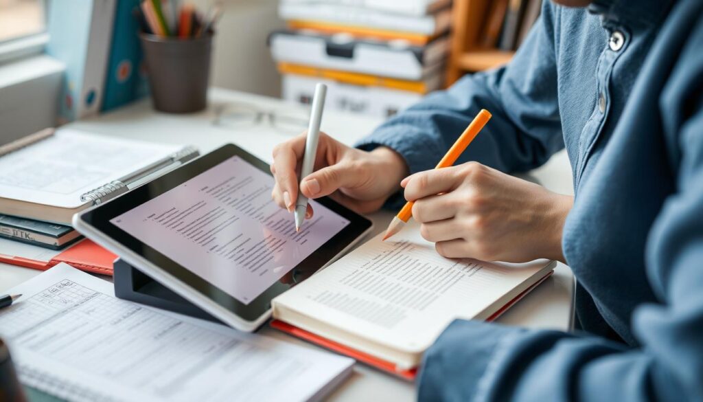 Person learning a language using a tablet and notebook, showing educational hobbies for mental health