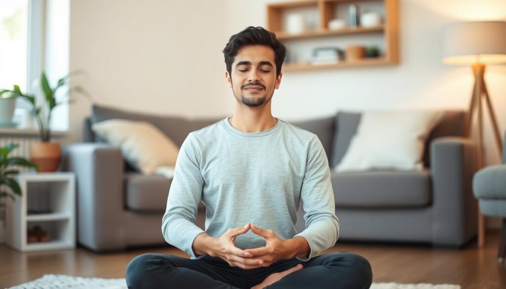 Person meditating in a comfortable position at home, showing meditation as one of the effective hobbies for mental health