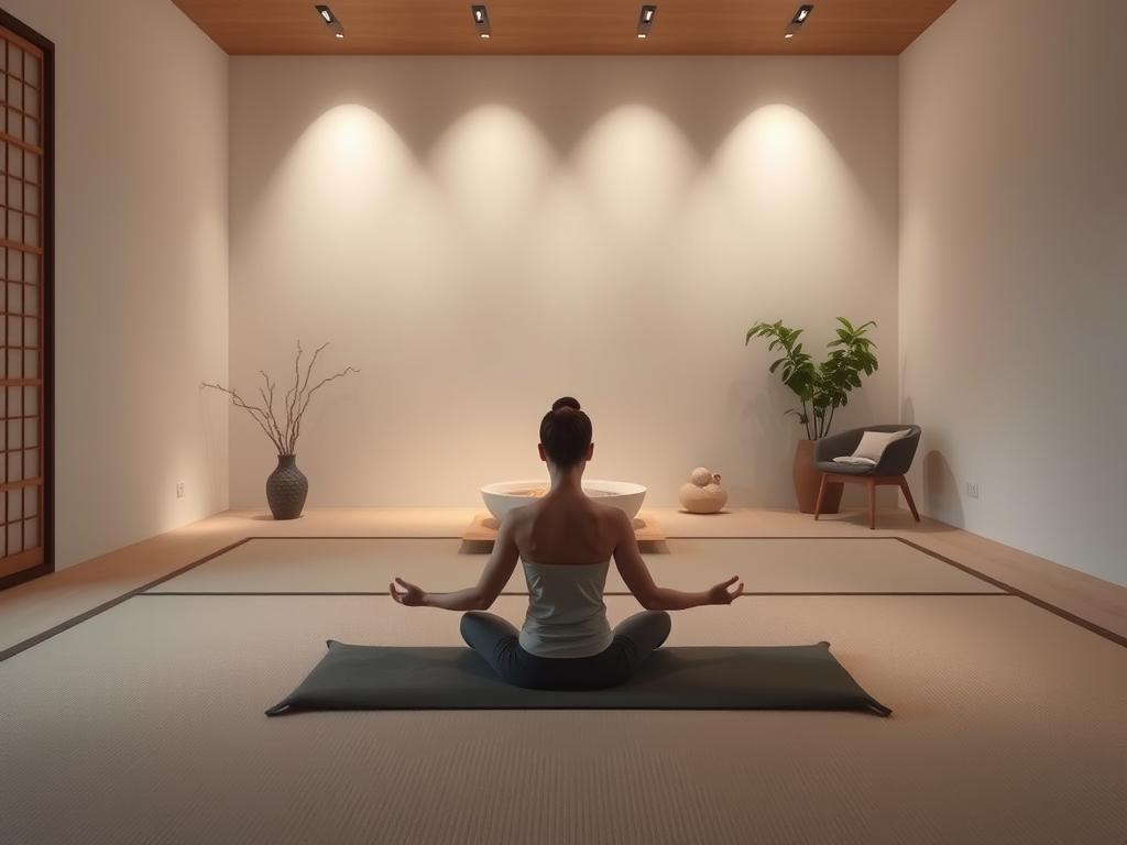 Person meditating in a minimalist Zen room with soft lighting