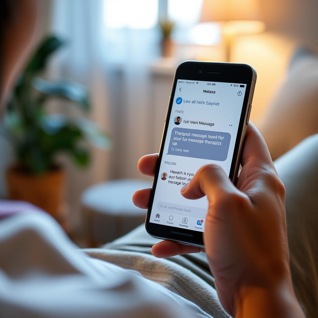 Person messaging therapist on mobile device showing 24/7 access to online therapy