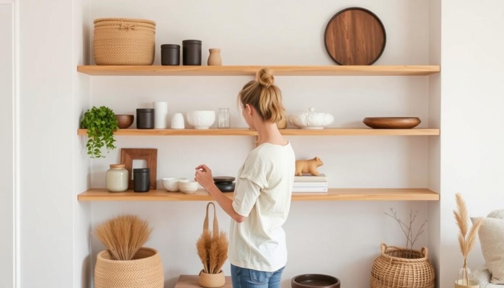 Person mindfully arranging and cleaning a Zen living space