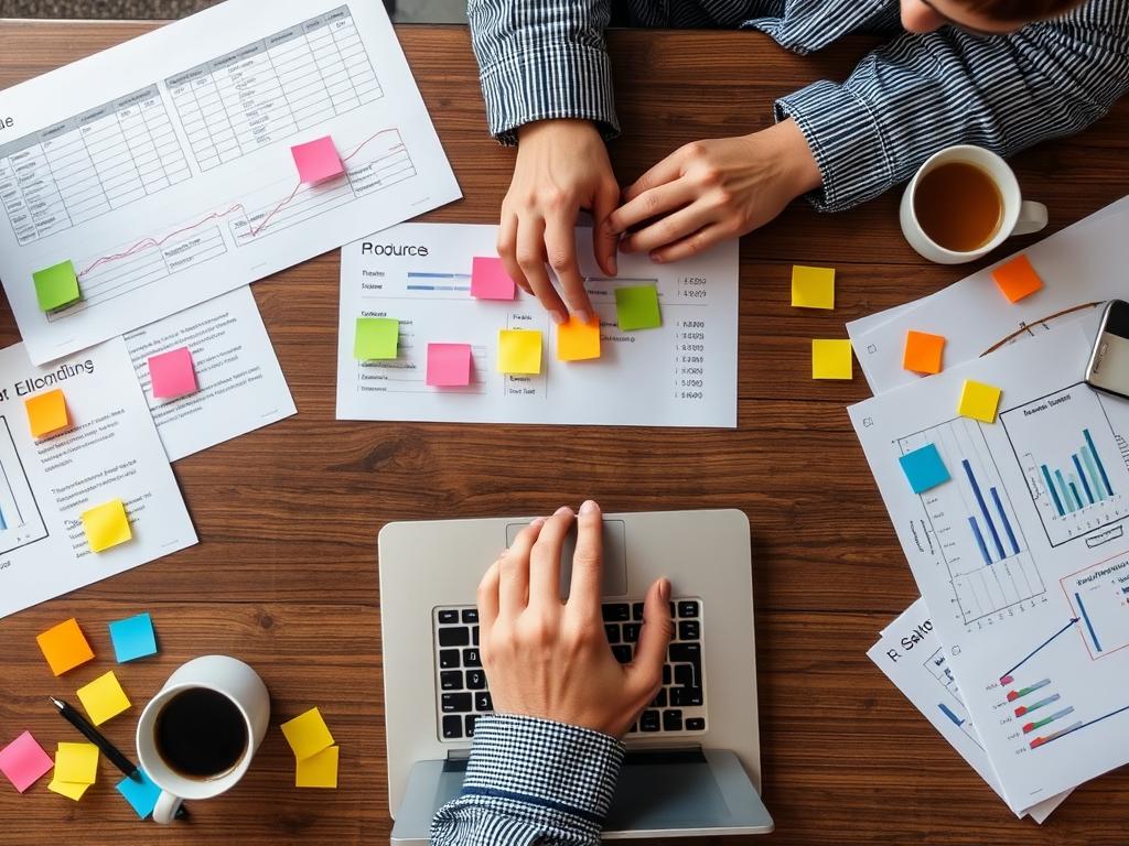 Person planning a creative project with timeline, budget, and resource allocation charts