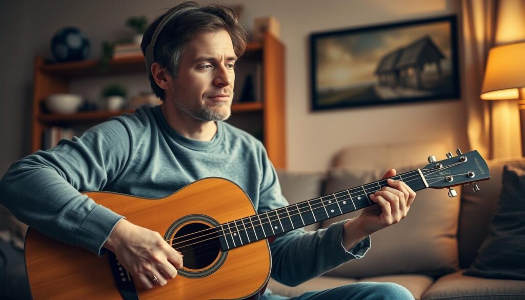 Person playing acoustic guitar at home, demonstrating music as one of the hobbies for mental health