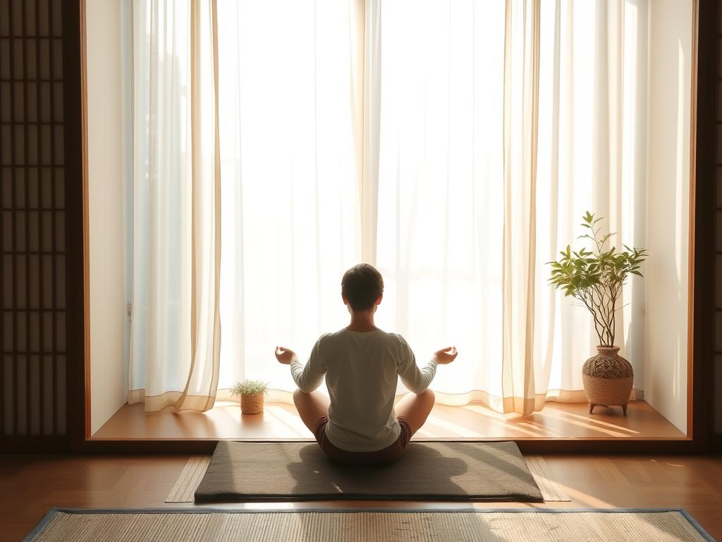 Person practicing morning meditation in a Zen-inspired corner with natural light