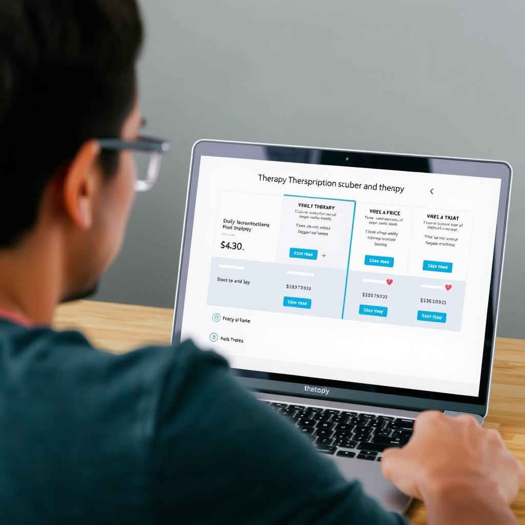 Person reviewing affordable therapy plans on laptop showing online therapy pricing