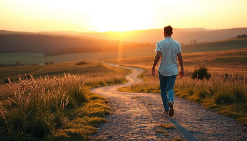 Person taking first step on path symbolizing beginning of online therapy journey
