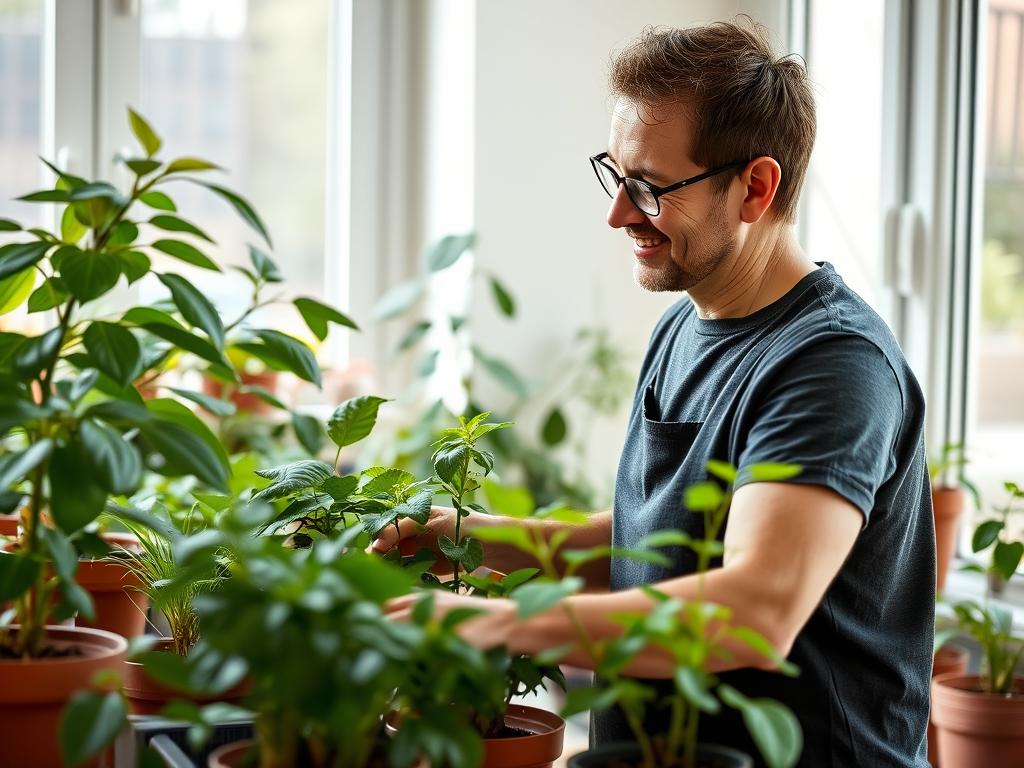 Person tending to plants in a small indoor garden, demonstrating gardening as one of the hobbies for mental health