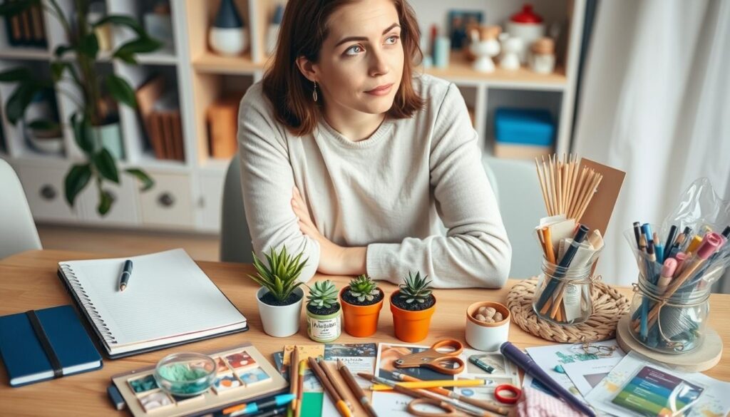 Person trying different hobbies at a table with various supplies, representing how to get started with hobbies for mental health