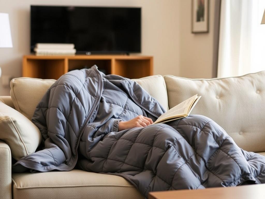 Person using a weighted blanket while reading on a couch