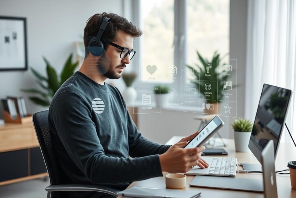 Person using advanced productivity tools in a home office setting, featuring best gadgets 2025 for work efficiency