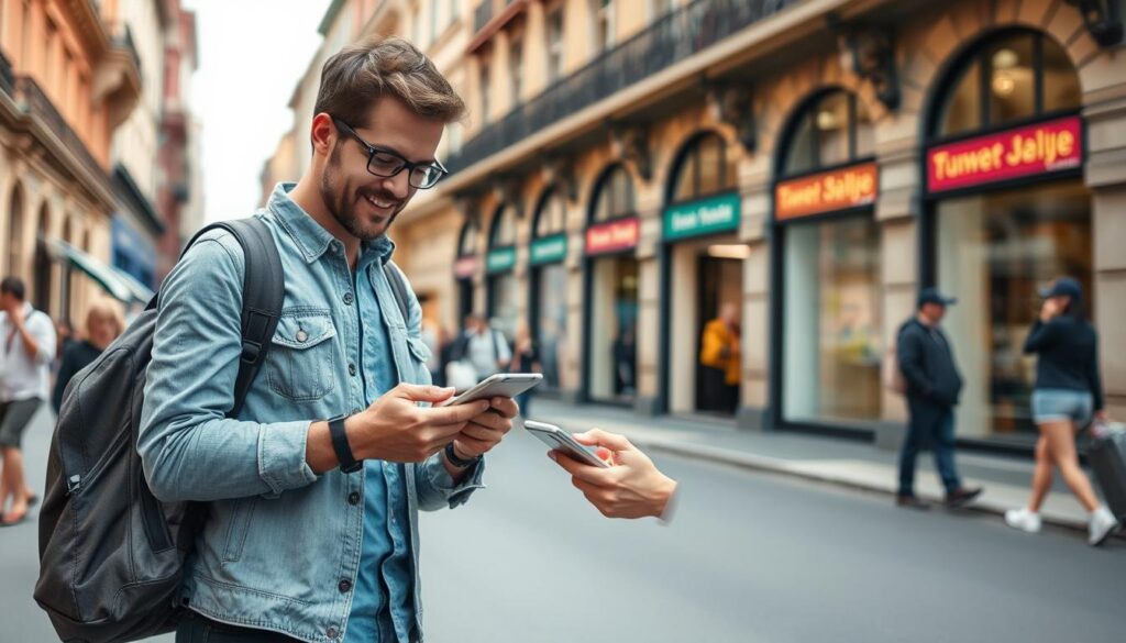Person using travel tech gadgets while exploring a new city, featuring best gadgets 2025 for travelers