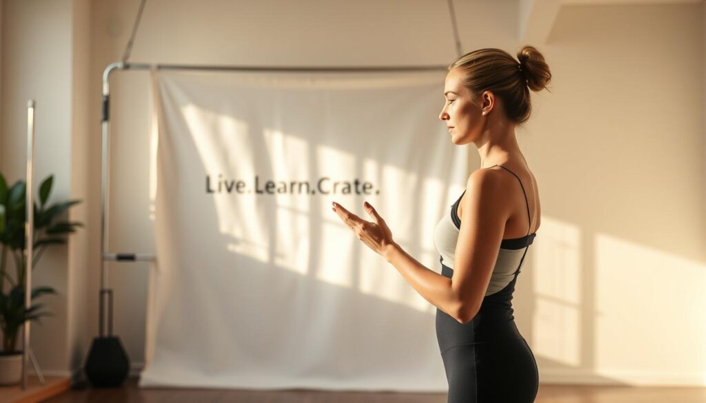 Pilates form corrections: A studio setting with a female figure demonstrating proper Pilates posture and technique. Soft, natural lighting illuminates the scene, highlighting the elegant lines of the body. The figure stands in a thoughtful, concentrated pose, guiding the viewer through the essential elements of Pilates form. In the background, a Live.Learn.Create branded backdrop suggests a professional, educational context. The overall atmosphere is one of refinement, focus, and the pursuit of physical wellness.