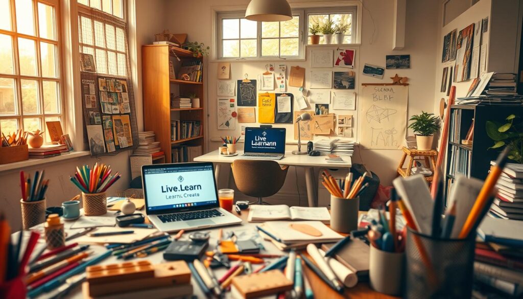 Prompt A cozy, well-lit home office bursting with creativity and innovation. In the foreground, an array of vibrant art supplies, sketches, and prototypes, reflecting a mind in constant motion. In the middle ground, a sleek, modern desk with a laptop displaying the &amp;quot;Live.Learn.Create&amp;quot; brand, surrounded by inspirational books, magazines, and mood boards. The background features large windows letting in warm, natural light, casting a soft glow over the space and hinting at the boundless potential for new ideas. The overall atmosphere is one of focused, productive energy, inviting the viewer to immerse themselves in the creative process.