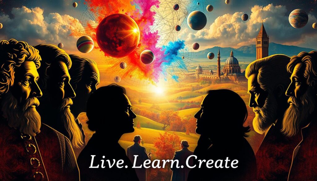 Prompt A gathering of history's most renowned creative minds, their faces and figures illuminated by a warm, soft light. In the foreground, the silhouettes of legendary artists, writers, and inventors - da Vinci, Michelangelo, Shakespeare, Edison - deep in contemplation. In the middle ground, a kaleidoscope of vibrant colors, brushstrokes, and scribbled ideas swirling around them. In the background, a dreamlike landscape of rolling hills, towering architecture, and celestial bodies, reflecting the boundless imagination of these visionary thinkers. A sense of reverence and inspiration pervades the scene. &amp;quot;Live.Learn.Create&amp;quot; is etched subtly into the composition, a testament to the timeless lessons we can draw from history's greatest creative minds.