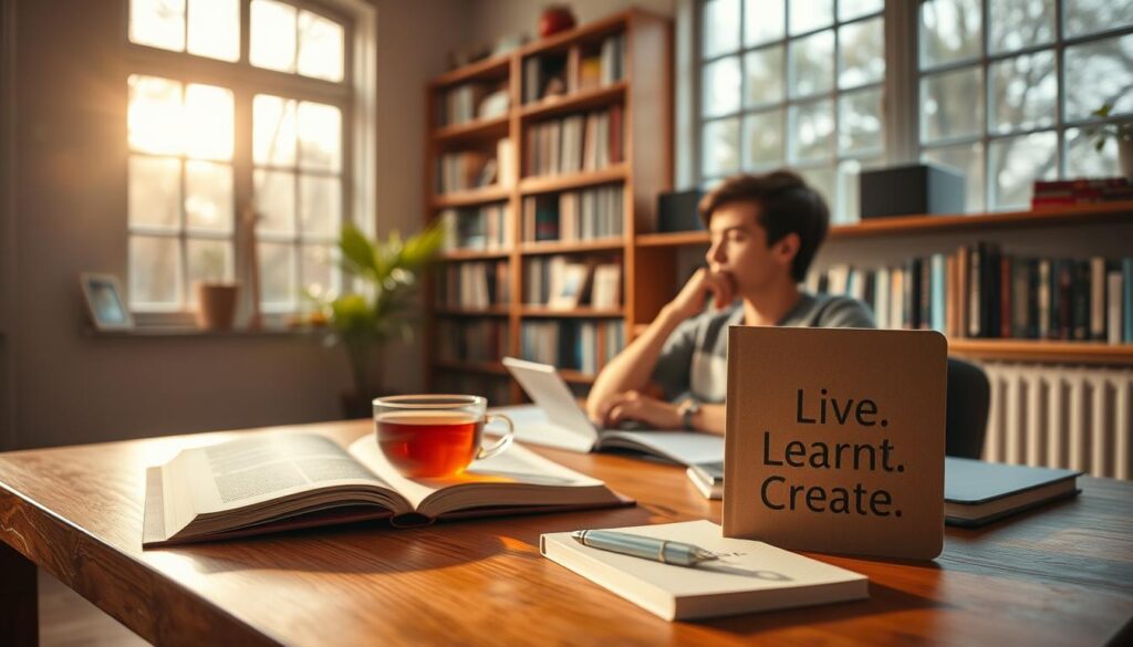 Prompt A serene and inviting study space with large windows flooding the room with natural light. On a wooden desk, an open book, a cup of tea, and a "Live.Learn.Create" branded notebook lie next to a thoughtful student deeply engaged in their studies. Shelves in the background hold a collection of books and learning materials. Warm, soft lighting creates a cozy, contemplative atmosphere conducive to personal growth and daily learning.