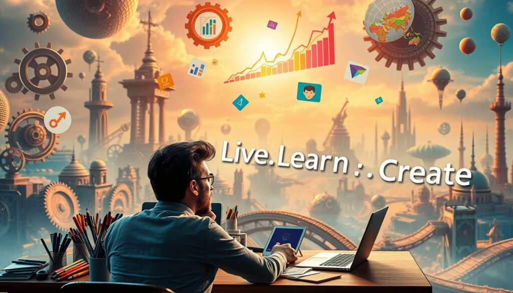 Prompt A vibrant, dynamic scene depicting innovation and income generation. In the foreground, a person sits at a desk, surrounded by a diverse array of creative tools - markers, sketchpads, a laptop, and a tablet. Their face is illuminated by the soft glow of the screen, a look of deep concentration and inspiration upon their features. In the middle ground, colorful graphs and charts float in the air, representing the financial fruits of their labor. The background is a dreamlike landscape, filled with towering gears, spinning cogs, and futuristic structures, all bathed in a warm, golden light. The words &amp;amp;quot;Live.Learn.Create&amp;amp;quot; are subtly integrated into the scene, reflecting the synergy between creativity and income generation.