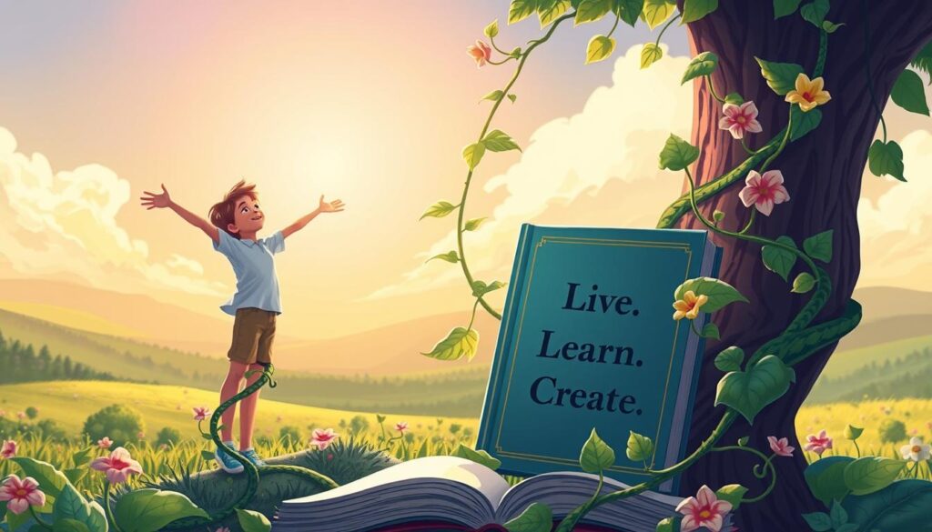 Prompt A vibrant illustration depicting a growth mindset. In the foreground, a young person standing tall, their arms outstretched as they climb a lush, winding vine. The vine represents their personal growth journey, with leaves and flowers bursting forth. In the middle ground, a book with the words &quot;Live.Learn.Create&quot; emblazoned on the cover, symbolizing the power of lifelong learning. The background features a serene, sunlit landscape, suggesting a sense of hope and possibility. The lighting is warm and natural, casting a soft glow on the scene. The overall atmosphere conveys a message of positivity, resilience, and the transformative power of a growth-oriented perspective.