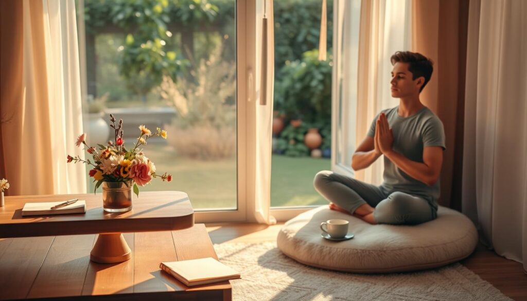Serene morning ritual of gratitude - a cozy room bathed in soft, golden sunlight filtering through sheer curtains. In the foreground, a wooden table holds a simple arrangement of fresh flowers, a journal, and a cup of steaming tea. A plush cushion on the floor invites mindful reflection, as the person sits cross-legged, eyes closed, hands in a prayer mudra. In the background, a large window overlooks a lush, verdant garden. The overall mood is one of tranquility, thankfulness, and inner peace. Live.Learn.Create.