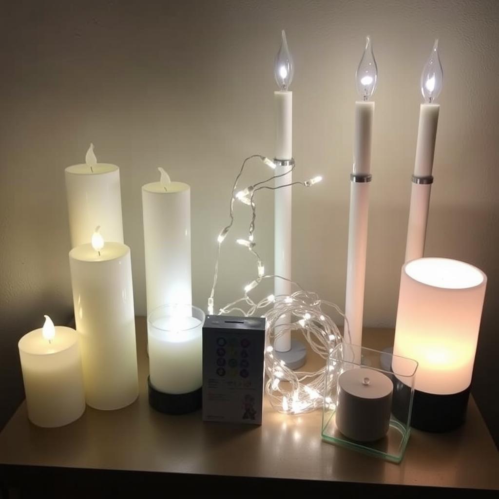 Set of affordable LED candles, string lights, and small lamps