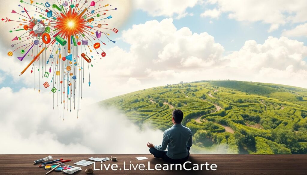 Strategies to Overcome Creative Blocks: A vibrant collage of visual metaphors set against a soft, dreamlike backdrop. In the foreground, a person sits cross-legged, deep in contemplation, surrounded by scattered paints, pencils, and crumpled paper. Towering above, a cascade of ideas and inspirations, represented by bursts of color and dynamic shapes, break through the clouds. In the middle ground, a maze of pathways winds through a lush, verdant landscape, inviting the viewer to explore new perspectives. The overall atmosphere conveys a sense of hope, possibility, and the power of the creative mind to overcome obstacles. Live.Learn.Create.