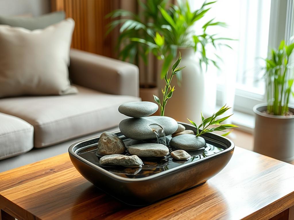 Tabletop water fountain in a Zen-inspired living room corner