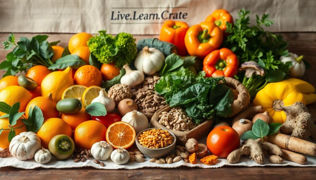 Vibrant still life capturing an array of immune-boosting foods in natural light. In the foreground, a variety of colorful fruits and vegetables - oranges, lemons, kiwis, bell peppers, garlic, ginger, and leafy greens. In the middle ground, an assortment of nuts, seeds, and superfoods like turmeric, honey, and shiitake mushrooms. The background features a rustic wooden table with a Live.Learn.Create branded linen cloth. Warm, golden tones and soft shadows convey a sense of nourishment and wellness. The composition is balanced and inviting, highlighting the bounty of nature's immune-strengthening ingredients.
