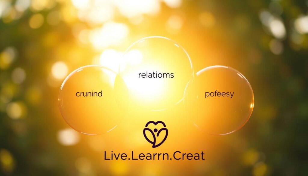 Warm, natural light illuminates a serene scene of five interconnected spheres, each representing a core area of personal growth: mind, body, relationships, purpose, and creativity. The spheres overlap, symbolizing the balanced, harmonious integration of these essential facets of life. In the foreground, the &quot;Live.Learn.Create&quot; logo is subtly featured, highlighting the notion of embracing daily wins and a holistic approach to personal development. The composition conveys a sense of balance, progress, and the idea of a well-rounded, thriving existence.