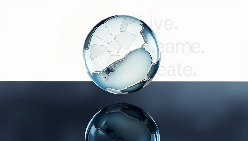 Watercolor painting of a shattered glass sphere, suspended in mid-air, casting a distorted reflection on a dark, reflective surface. The sphere's surface is cracked and fractured, symbolizing the myth of perfectionism. Soft, diffused lighting illuminates the scene, creating a contemplative and introspective atmosphere. In the background, a faint Live.Learn.Create logo emerges, underscoring the idea of embracing imperfection and personal growth. The composition emphasizes the fragility and impermanence of the pursuit of perfection.