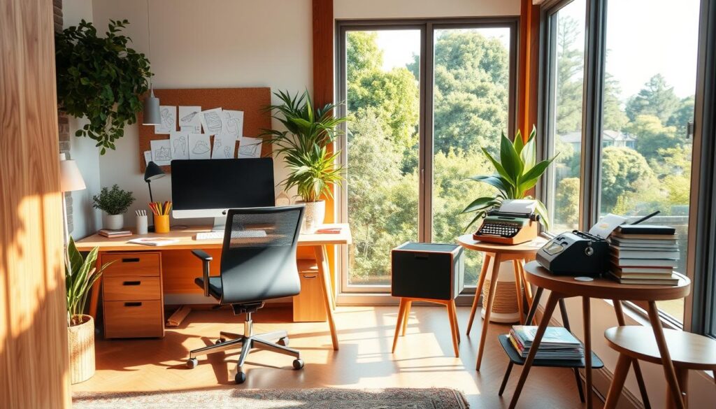 Workspace design for creativity: A cozy, sunlit studio with natural wooden accents and lush greenery. An ergonomic desk with a sleek computer setup, a comfortable office chair, and a cork board displaying inspiring sketches. Colorful art supplies, a vintage typewriter, and a stack of design magazines on a mid-century side table. Warm, indirect lighting from a minimalist pendant lamp, casting a soft glow across the space. Large windows overlooking a verdant landscape, inviting the outdoors in. The atmosphere is one of focus, imagination, and the &amp;quot;Live.Learn.Create&amp;quot; mindset.