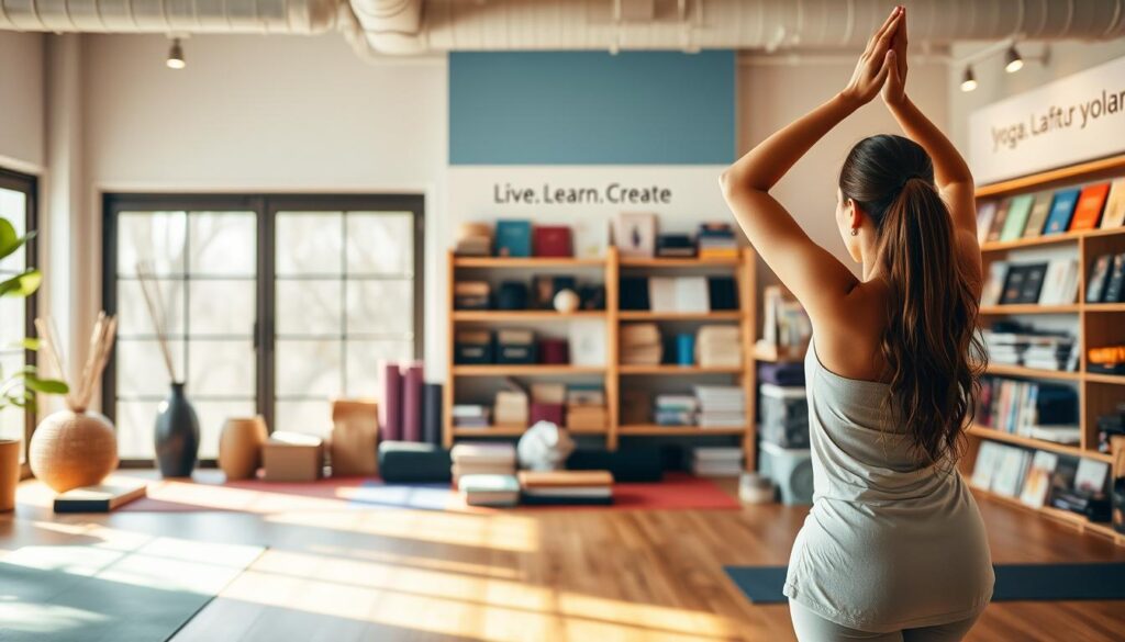 Yoga resources network: a serene sanctuary of wellness, with a warm, inviting atmosphere. In the foreground, a graceful figure strikes a peaceful asana, their form bathed in soft, natural lighting. The middle ground reveals a collection of yoga accessories - mats, blocks, straps, and more - neatly arranged, suggesting a haven for practitioners. In the background, shelves display an array of books and digital resources, the &quot;Live.Learn.Create&quot; brand name prominently displayed, inviting visitors to deepen their yoga journey. The overall scene conveys a sense of tranquility, harmony, and a dedication to the holistic practice of yoga.