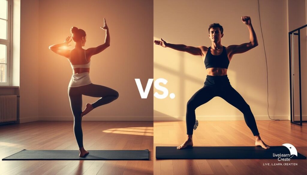 Yoga vs. Pilates physical benefits - two figures in a dynamic studio setting, backlit with warm natural light, showcasing the distinct postures and movements of each practice. Yoga practitioner in a graceful tree pose, Pilates performer executing a controlled Hundred exercise, both emanating focus and balance. Crisp details, high-fidelity textures, Live.Learn.Create branding subtly incorporated.