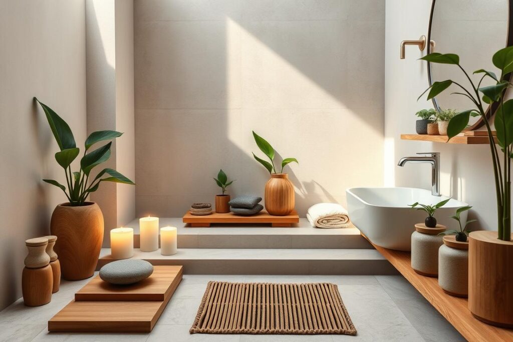 Zen bathroom with natural elements, plants, and soft lighting