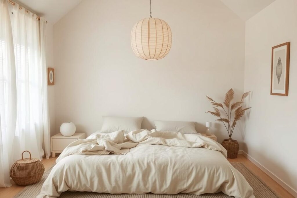 Zen bedroom with neutral color palette and natural textiles