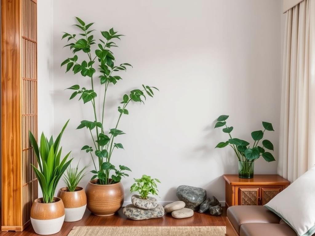Zen home décor featuring bamboo elements, indoor plants, and stone accents