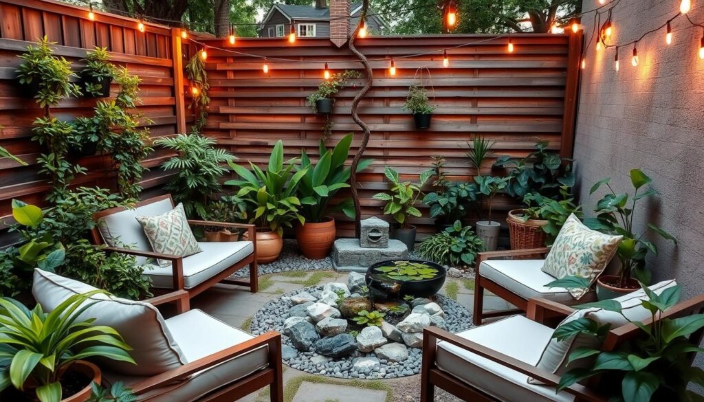 Zen home garden with peaceful seating area