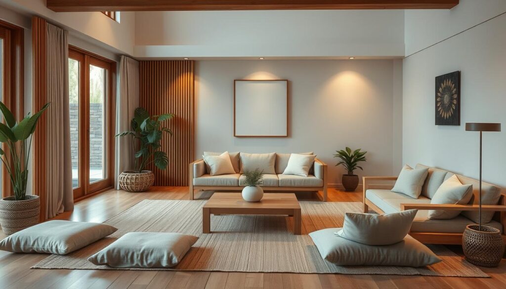 Zen home living room with natural elements and soft lighting
