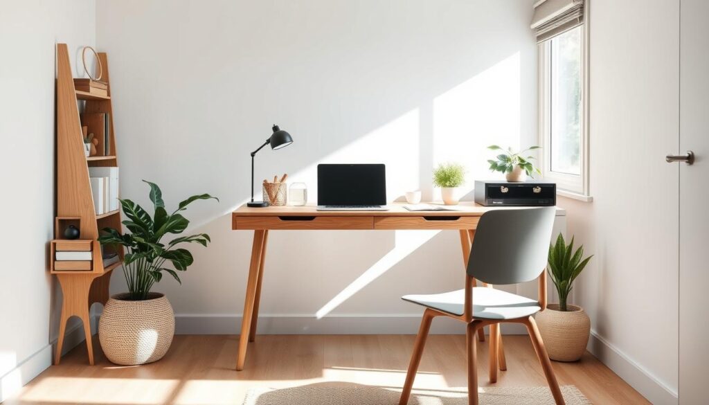 Zen home office with minimal desk, natural light, and organized space