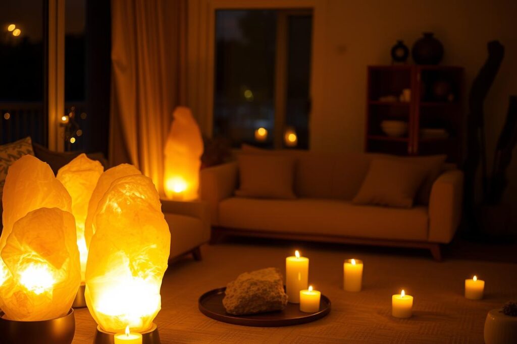 Zen living area with soft ambient lighting from salt lamps and candles