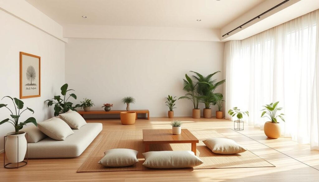 Zen living room with minimalist furniture, natural light, and indoor plants