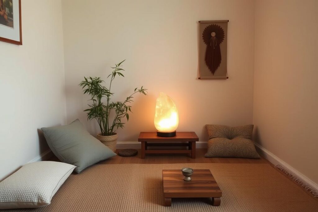 Zen meditation corner with floor cushions, bamboo elements, and soft lighting